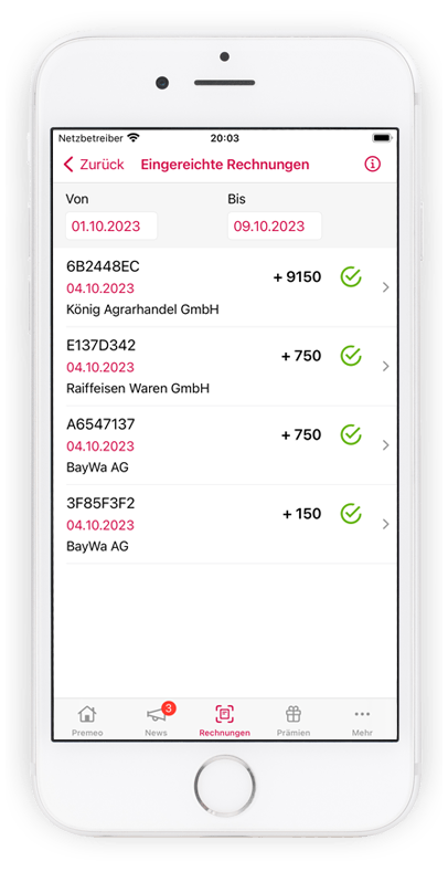 Premeo App Rechnungsscan Screen